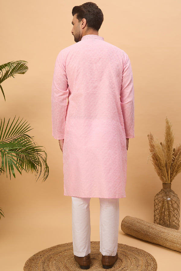 Pink Silk Blend Solid Embroidered Straight Kurta With Pant Set MKSET1454