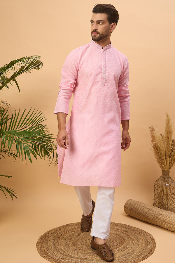 Pink Silk Blend Solid Embroidered Straight Kurta MKU1454
