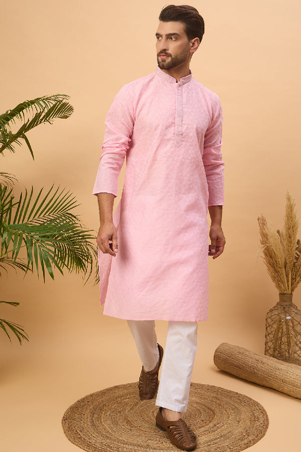 Pink Silk Blend Solid Embroidered Straight Kurta With Pant Set MKSET1454