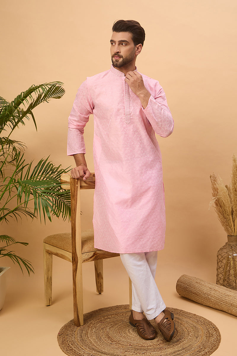 Pink Silk Blend Solid Embroidered Straight Kurta MKU1454