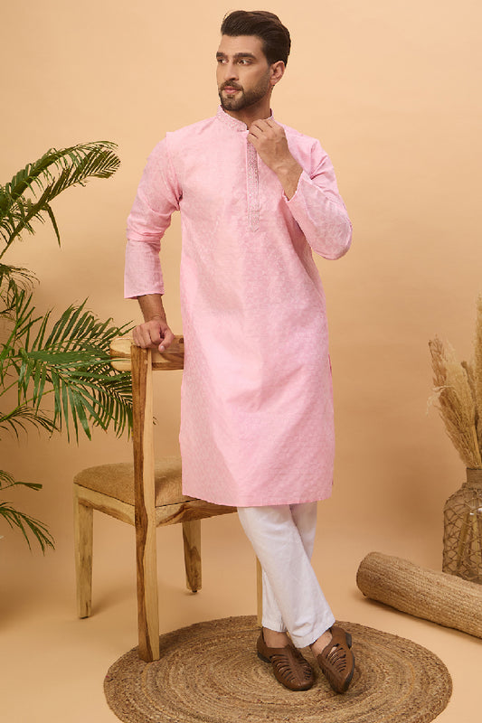 Pink Silk Blend Solid Embroidered Straight Kurta With Pant Set MKSET1454