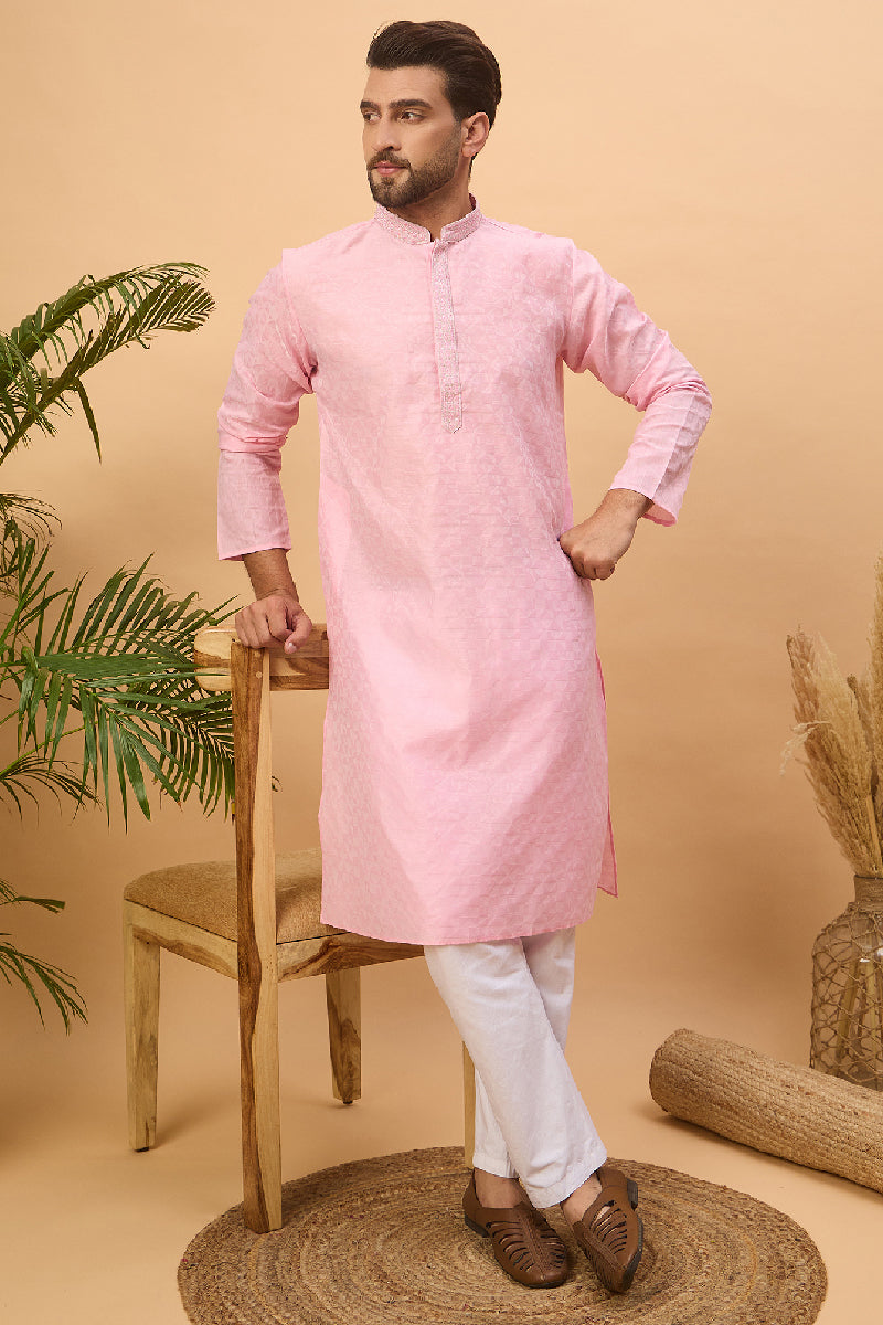 Pink Silk Blend Solid Embroidered Straight Kurta With Pant Set MKSET1454