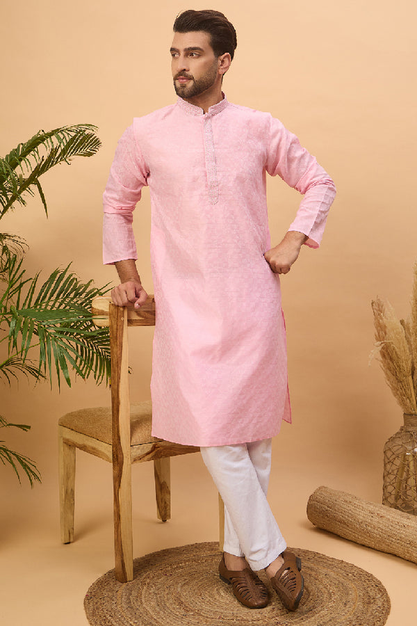 Pink Silk Blend Solid Embroidered Straight Kurta With Pant Set MKSET1454
