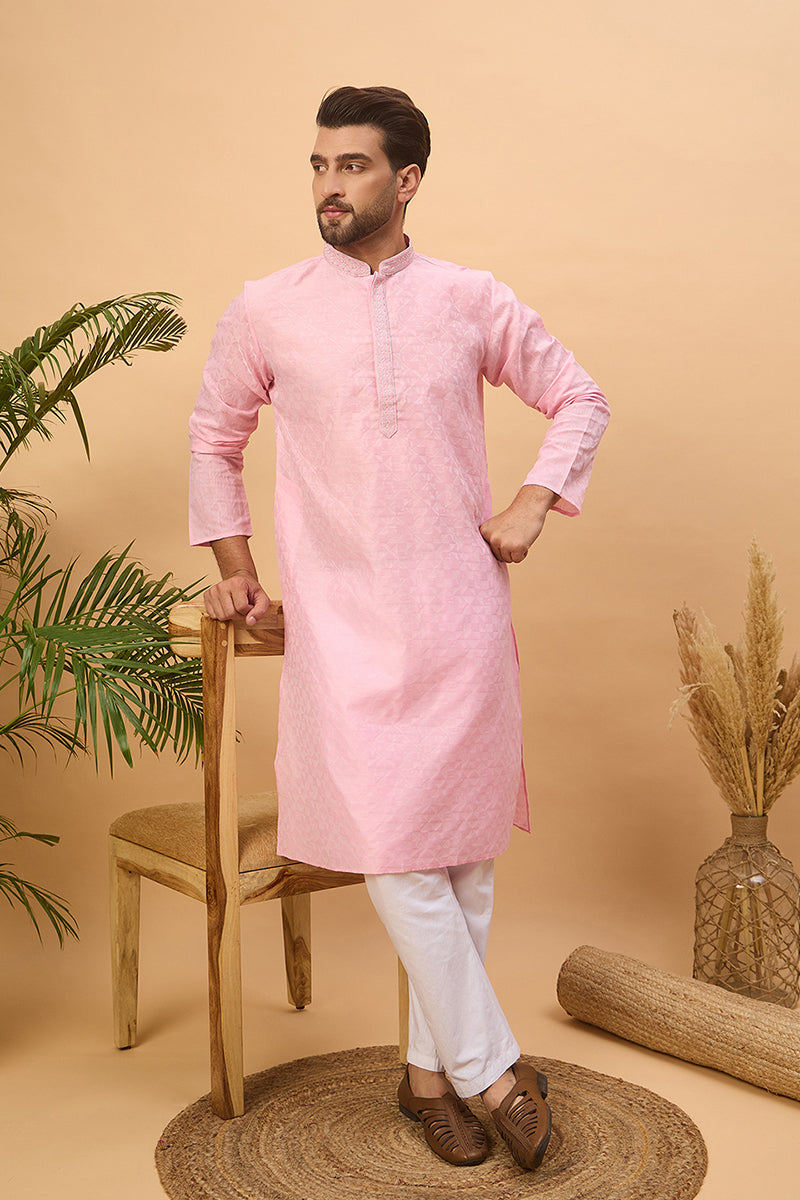 Pink Silk Blend Solid Embroidered Straight Kurta MKU1454