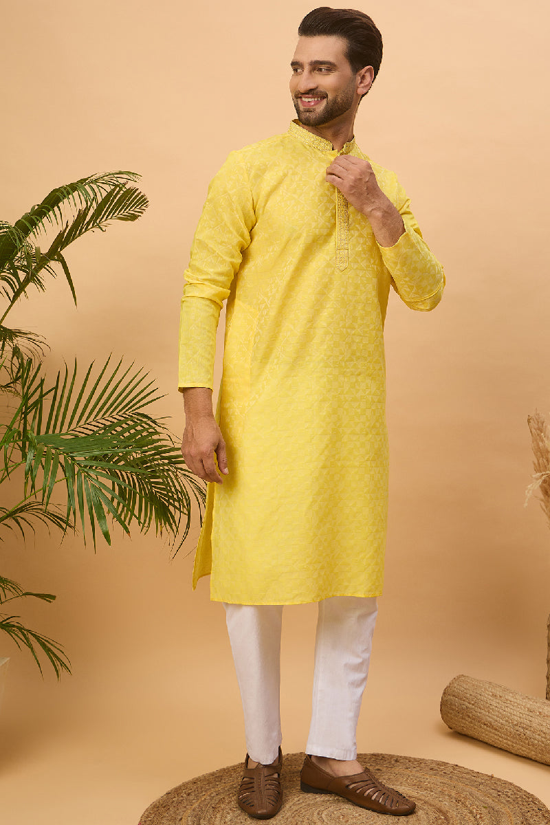 Yellow Silk Blend Solid Embroidered Straight Kurta With Pant Set MKSET1455