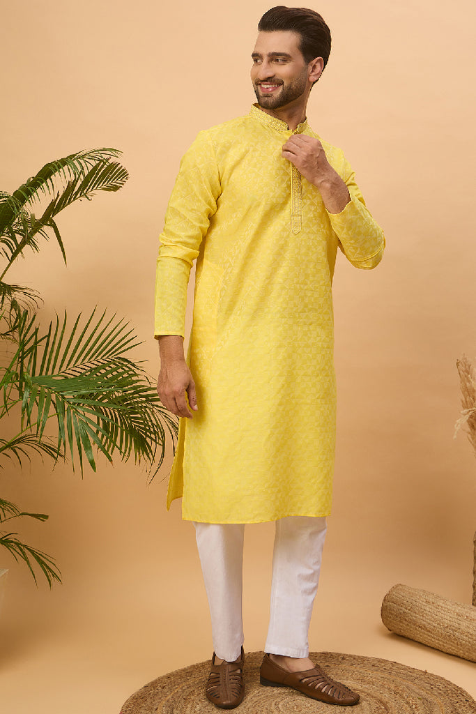 Yellow Silk Blend Solid Embroidered Straight Kurta With Pant Set MKSET1455