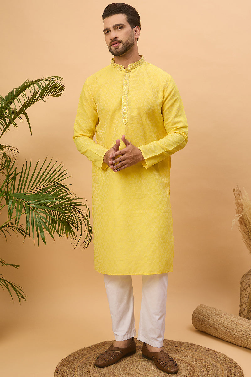 Yellow Silk Blend Solid Embroidered Straight Kurta With Pant Set MKSET1455