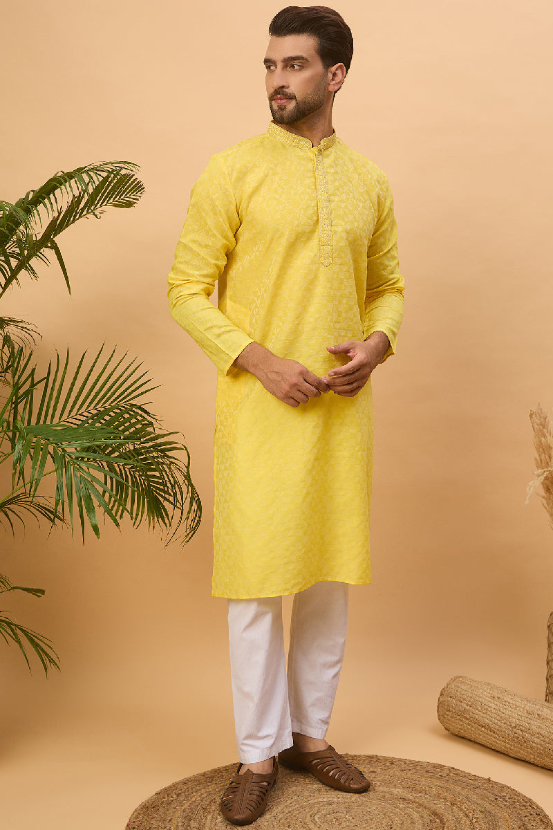 Yellow Silk Blend Solid Embroidered Straight Kurta With Pant Set MKSET1455