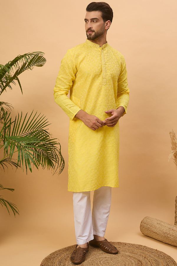 Yellow Silk Blend Solid Embroidered Straight Kurta With Pant Set MKSET1455