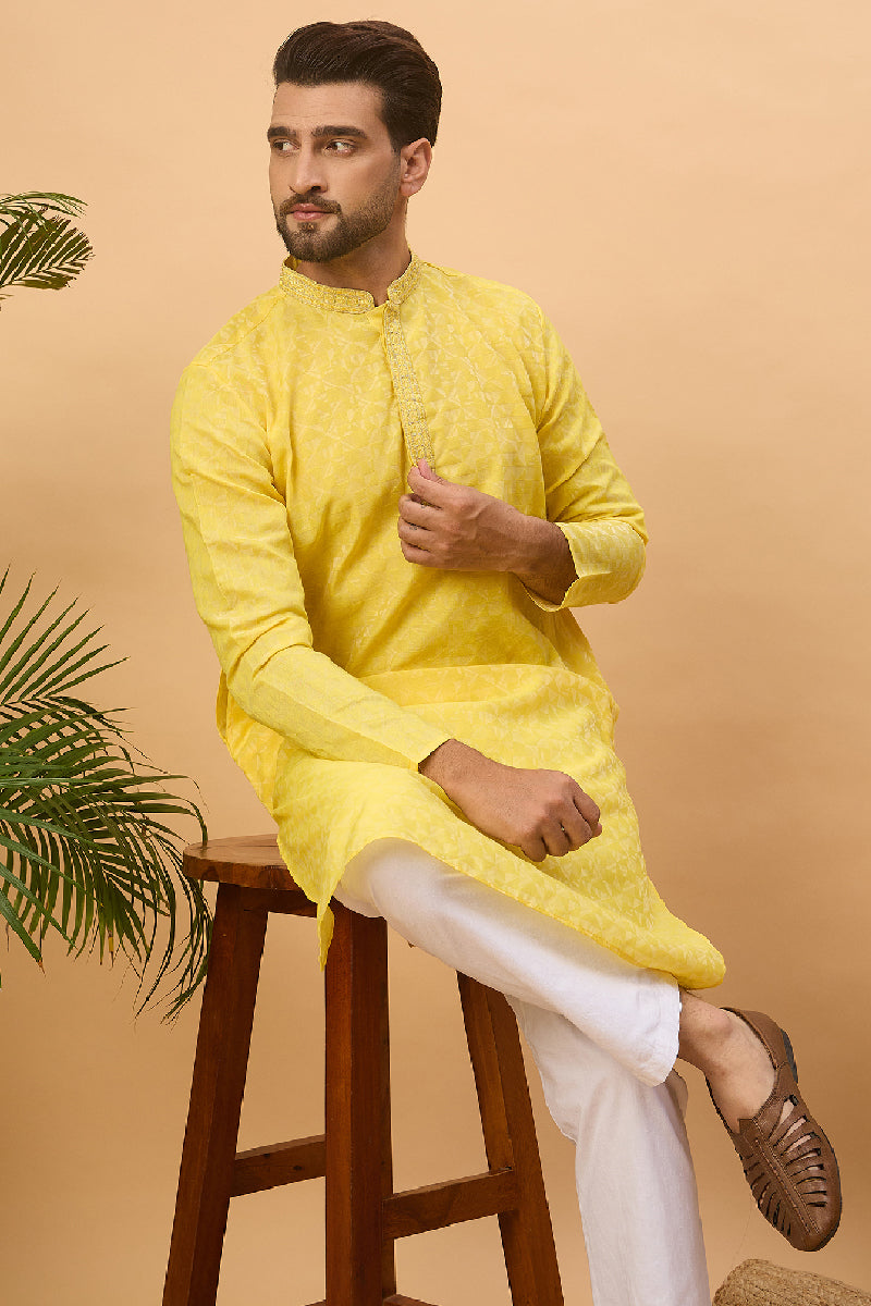 Yellow Silk Blend Solid Embroidered Straight Kurta With Pant Set MKSET1455