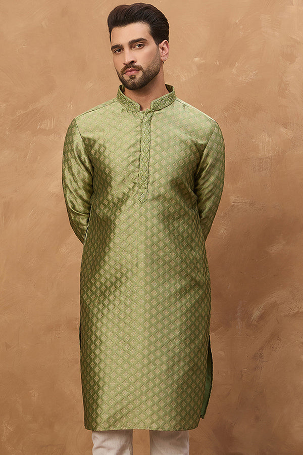 Green Silk Blend Solid Woven Design Straight Kurta MKU1456