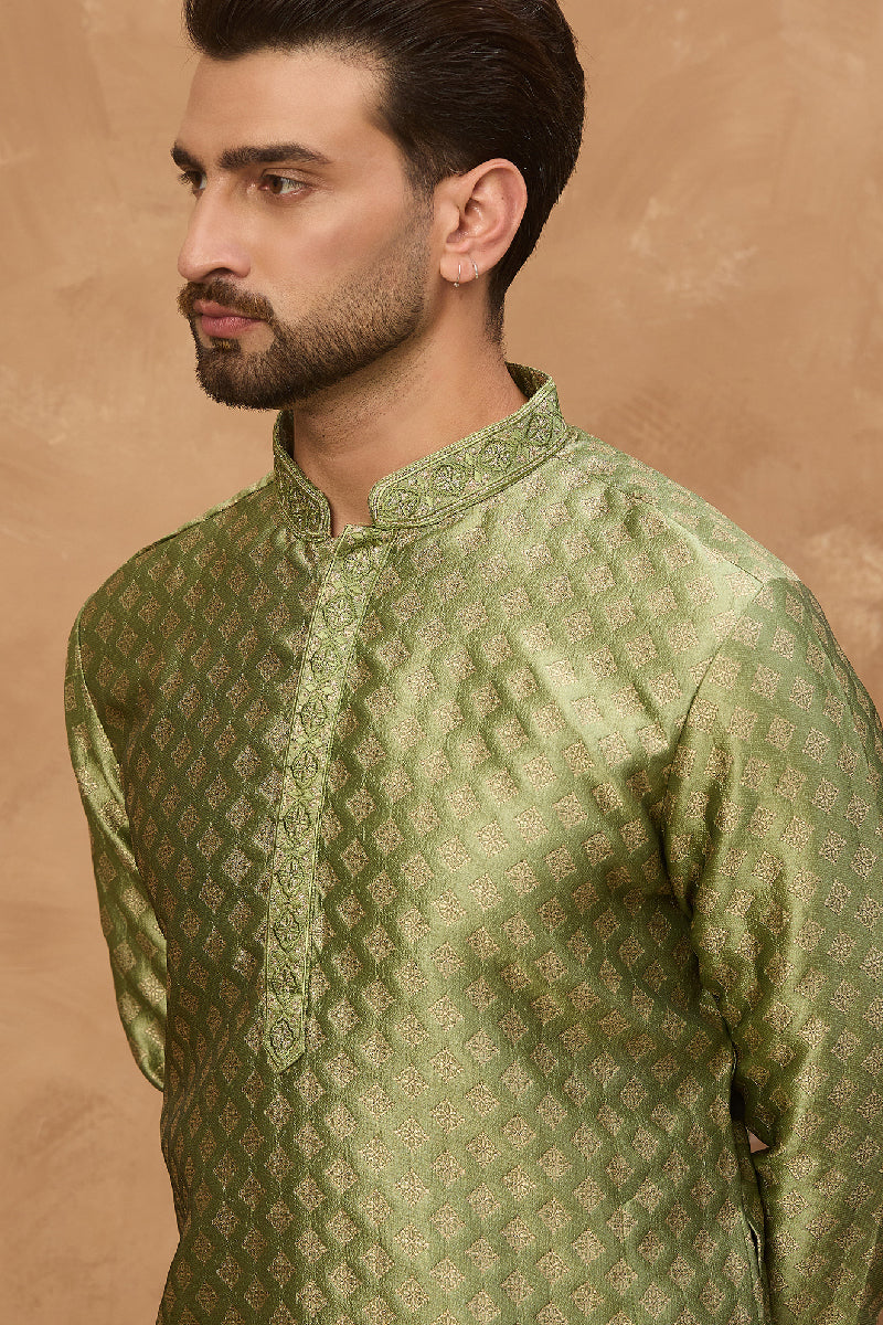 Green Silk Blend Solid Woven Design Straight Kurta With Pant Set MKSET1456
