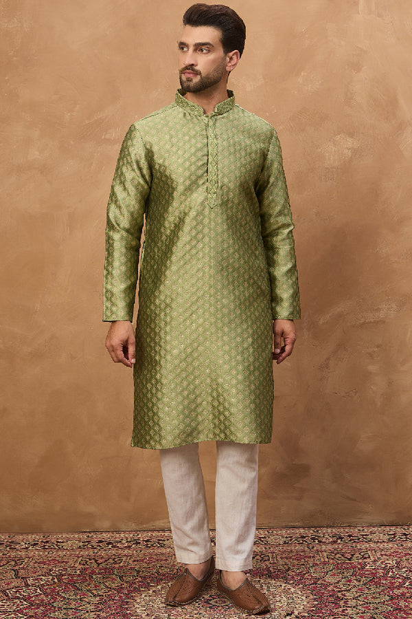 Green Silk Blend Solid Woven Design Straight Kurta With Pant Set MKSET1456