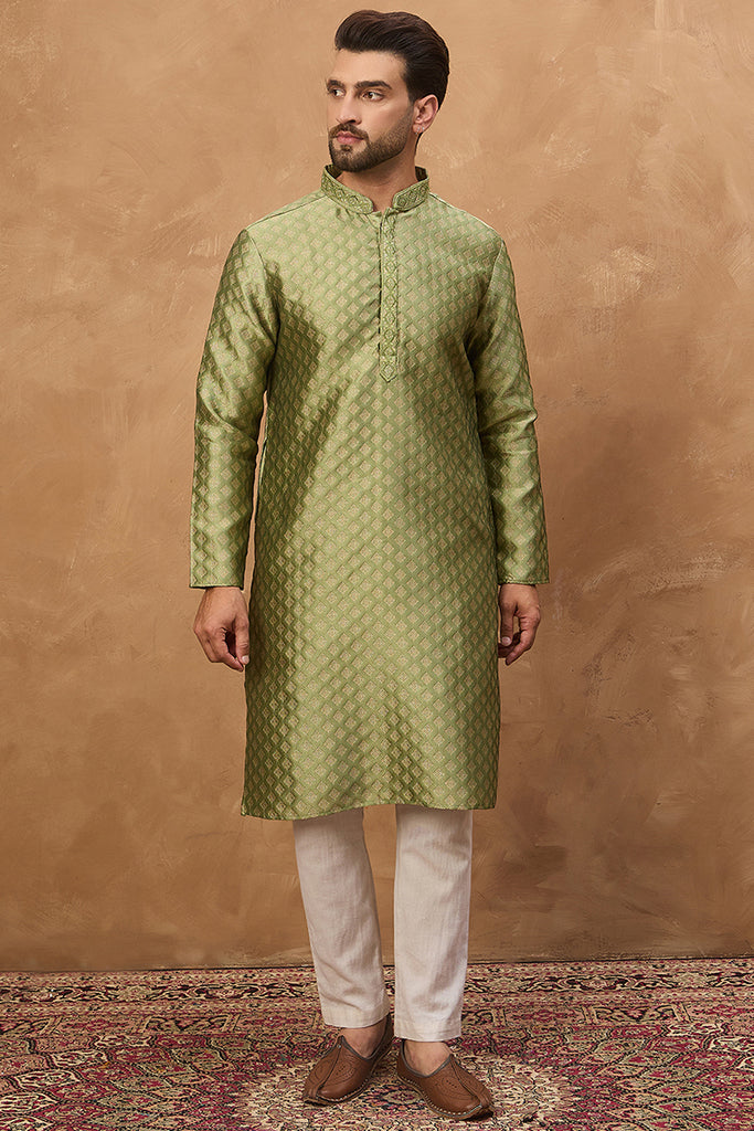 Green Silk Blend Solid Woven Design Straight Kurta MKU1456