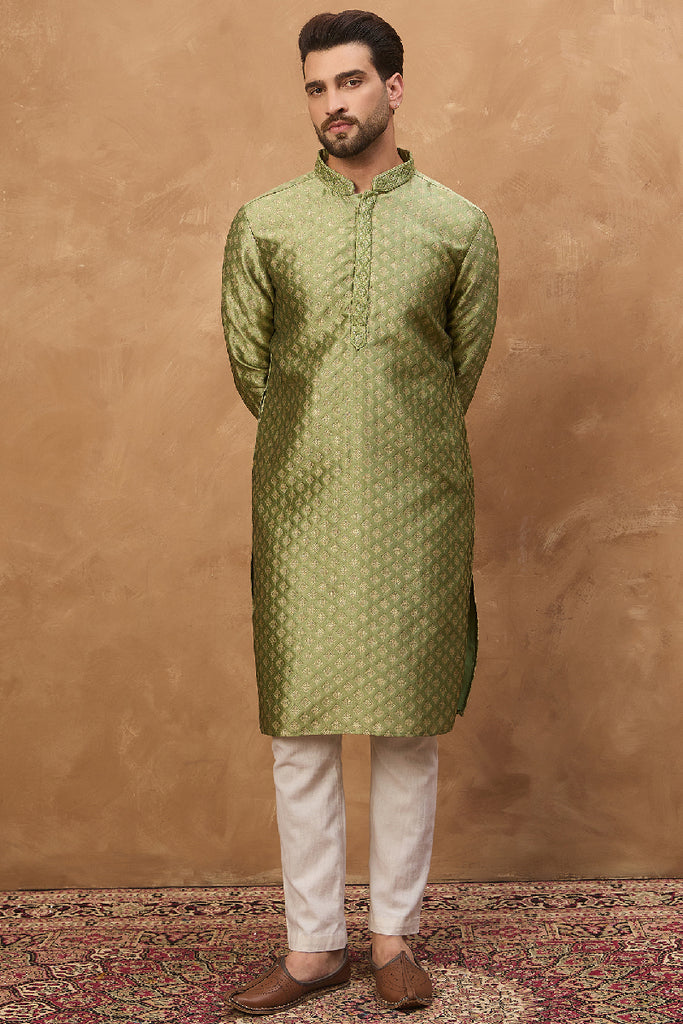 Green Silk Blend Solid Woven Design Straight Kurta With Pant Set MKSET1456