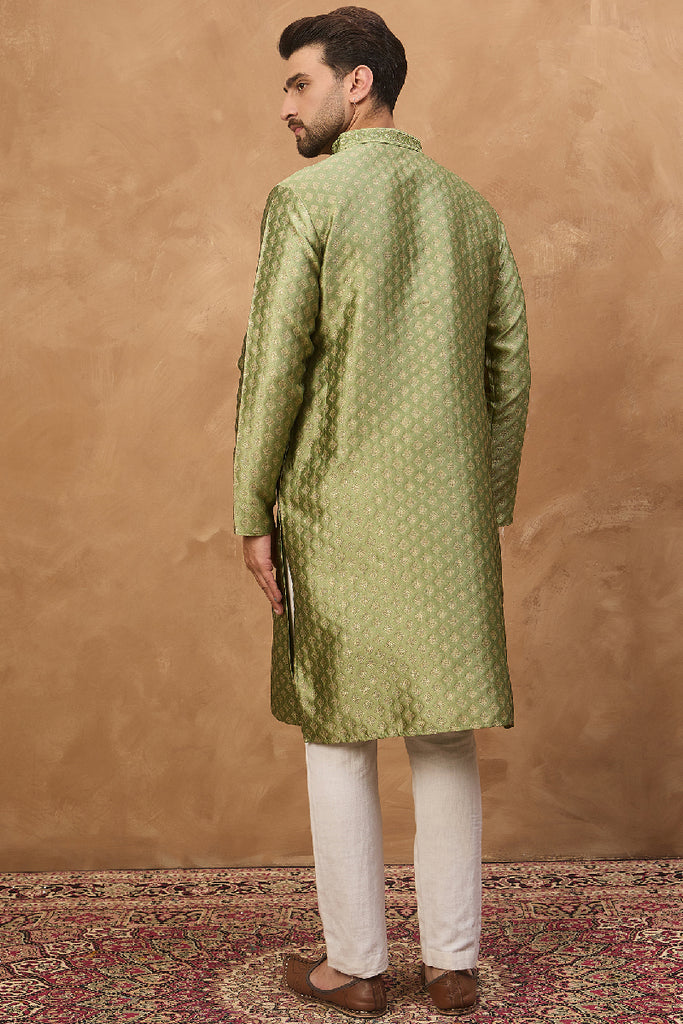 Green Silk Blend Solid Woven Design Straight Kurta With Pant Set MKSET1456