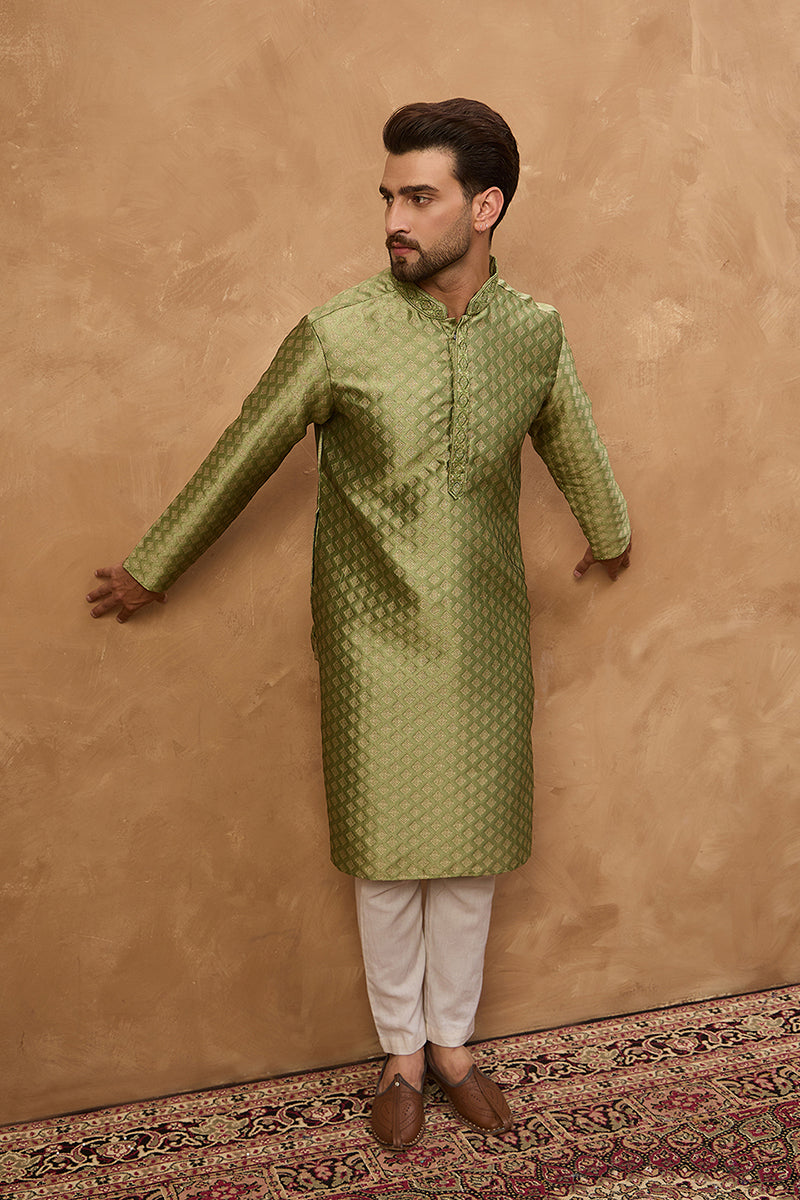 Green Silk Blend Solid Woven Design Straight Kurta MKU1456