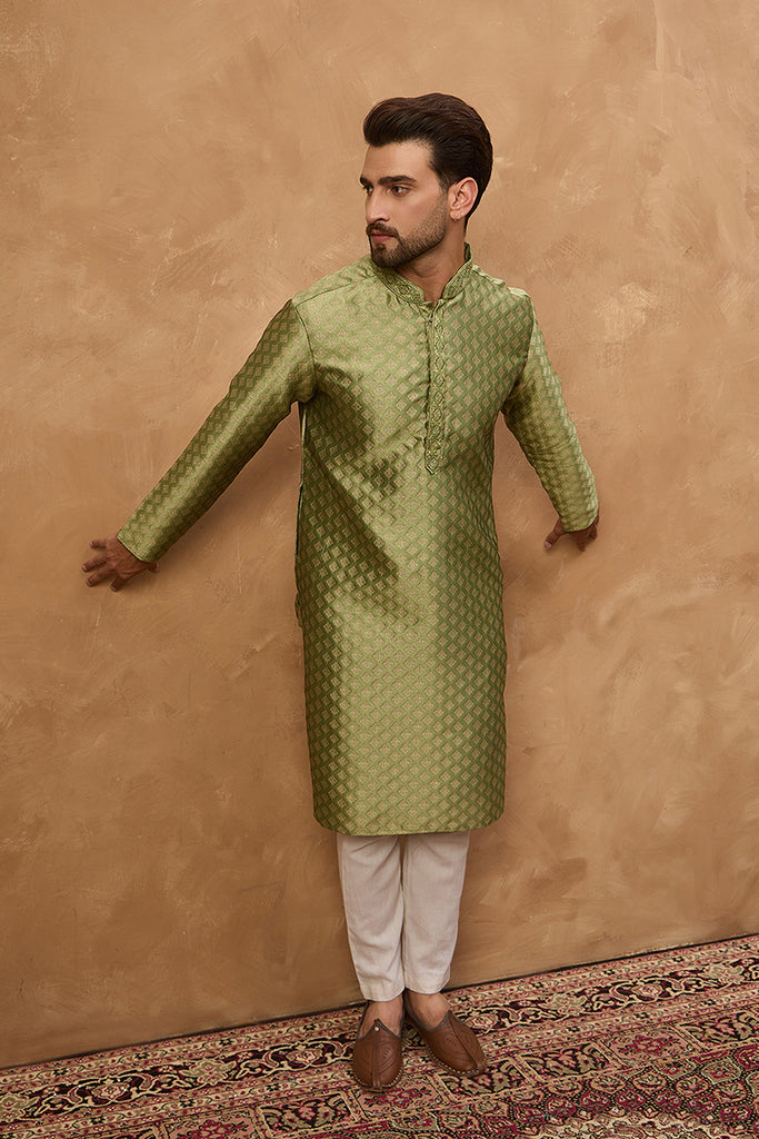 Green Silk Blend Solid Woven Design Straight Kurta MKU1456
