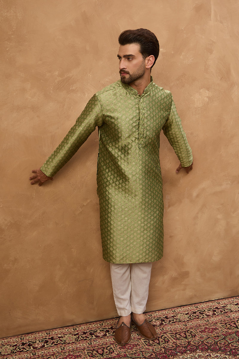 Green Silk Blend Solid Woven Design Straight Kurta With Pant Set MKSET1456