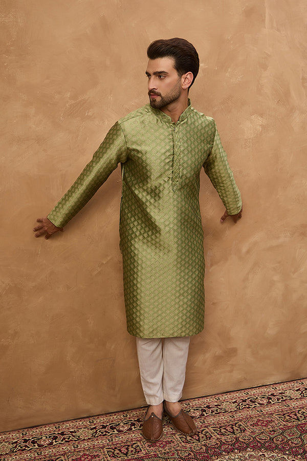 Green Silk Blend Solid Woven Design Straight Kurta MKU1456