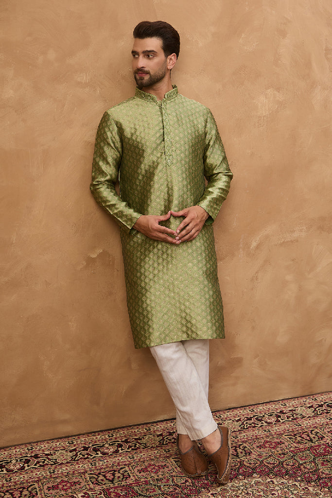 Green Silk Blend Solid Woven Design Straight Kurta With Pant Set MKSET1456