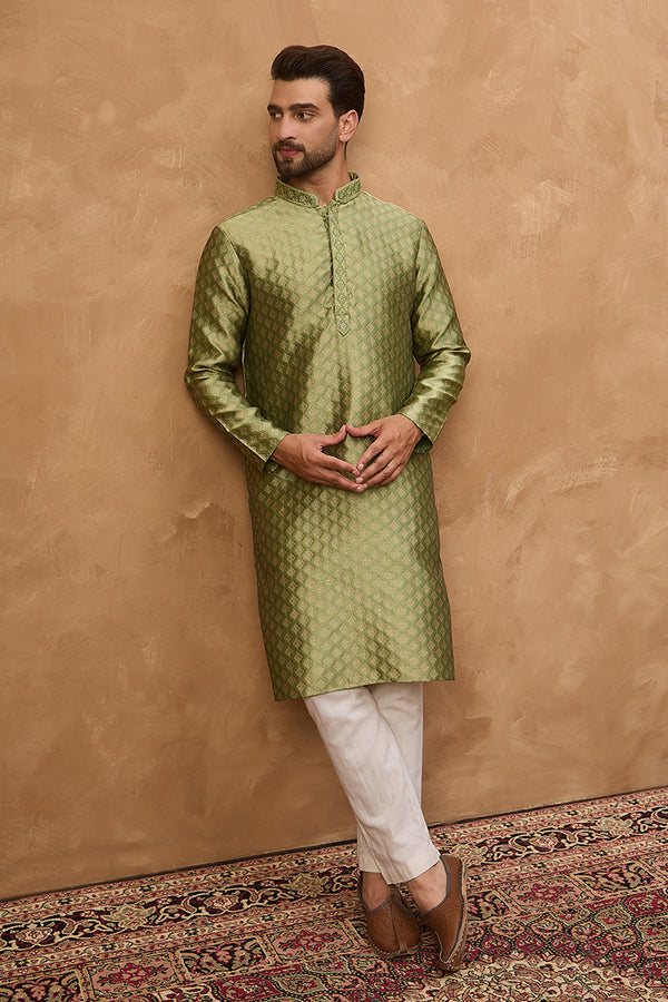Green Silk Blend Solid Woven Design Straight Kurta MKU1456