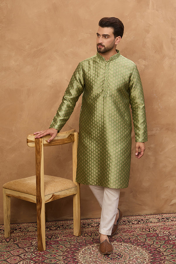 Green Silk Blend Solid Woven Design Straight Kurta MKU1456