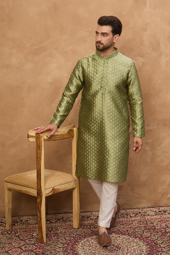 Green Silk Blend Solid Woven Design Straight Kurta With Pant Set MKSET1456