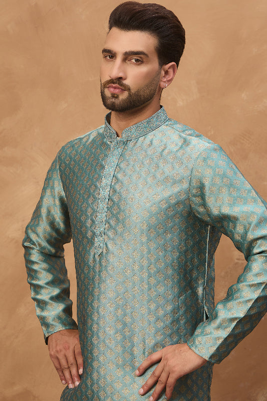 Blue Silk Blend Solid Woven Design Straight Kurta With Pant Set MKSET1457
