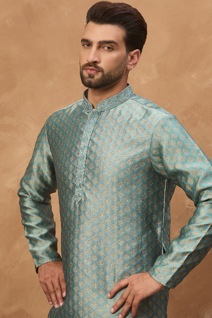 Blue Silk Blend Solid Woven Design Straight Kurta With Pant Set MKSET1457