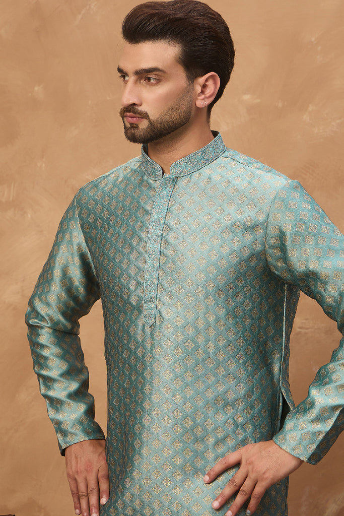 Blue Silk Blend Solid Woven Design Straight Kurta With Pant Set MKSET1457