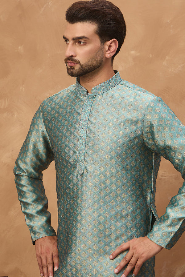 Blue Silk Blend Solid Woven Design Straight Kurta With Pant Set MKSET1457