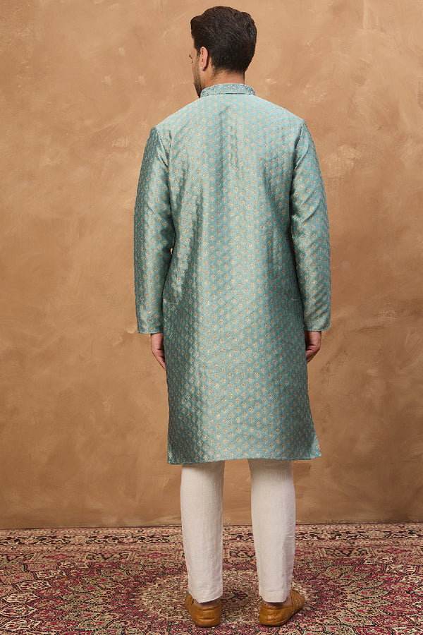 Blue Silk Blend Solid Woven Design Straight Kurta With Pant Set MKSET1457