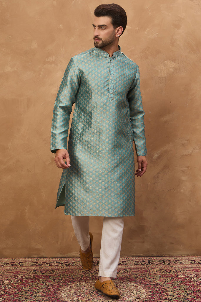 Blue Silk Blend Solid Woven Design Straight Kurta With Pant Set MKSET1457