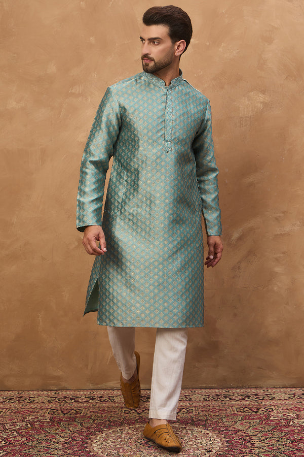 Blue Silk Blend Solid Woven Design Straight Kurta With Pant Set MKSET1457