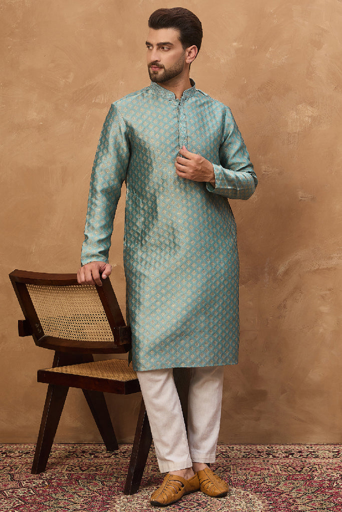 Blue Silk Blend Solid Woven Design Straight Kurta With Pant Set MKSET1457