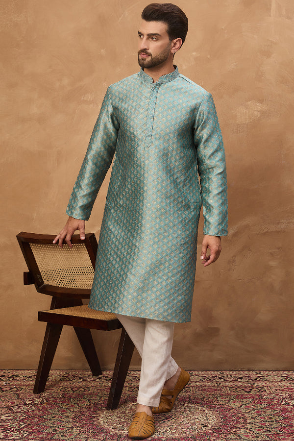 Blue Silk Blend Solid Woven Design Straight Kurta With Pant Set MKSET1457