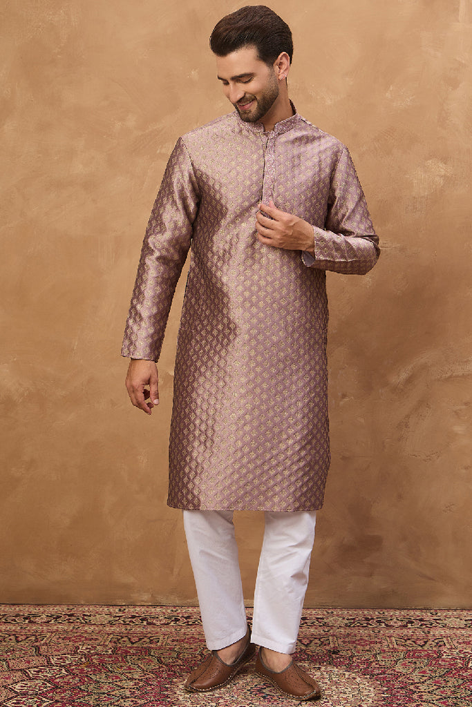 Mauve Silk Blend Solid Woven Design Straight Kurta With Pant Set MKSET1458