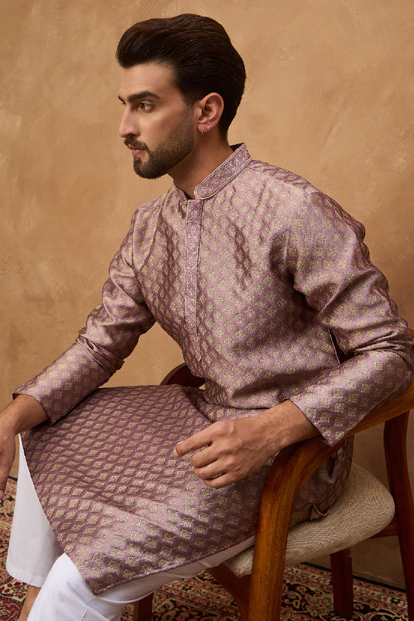 Mauve Silk Blend Solid Woven Design Straight Kurta With Pant Set MKSET1458