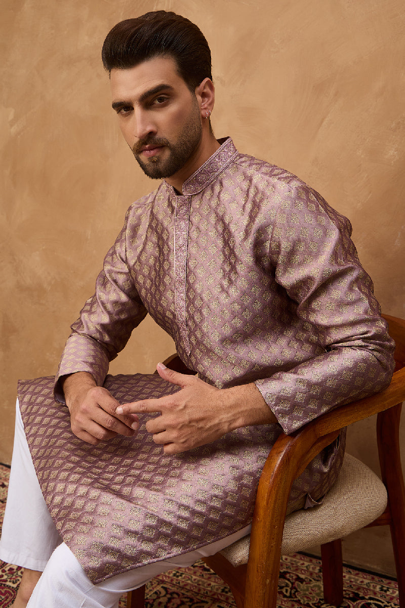 Mauve Silk Blend Solid Woven Design Straight Kurta With Pant Set MKSET1458