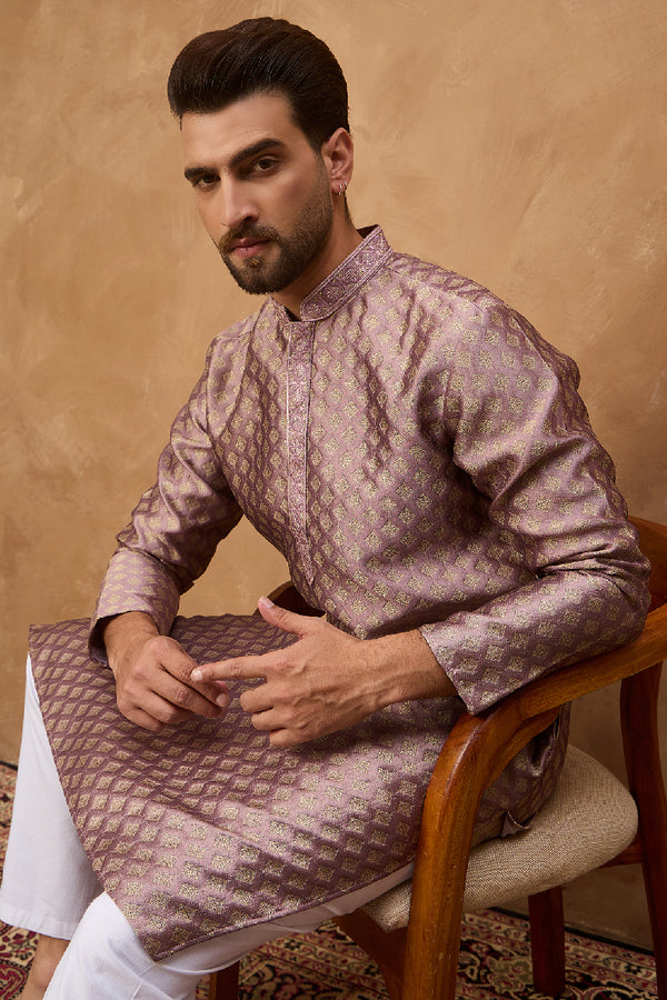 Mauve Silk Blend Solid Woven Design Straight Kurta With Pant Set MKSET1458