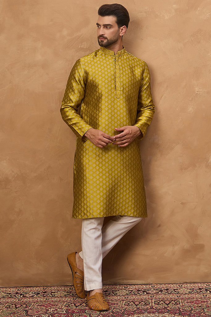 Yellow Silk Blend Solid Woven Design Straight Kurta MKU1459