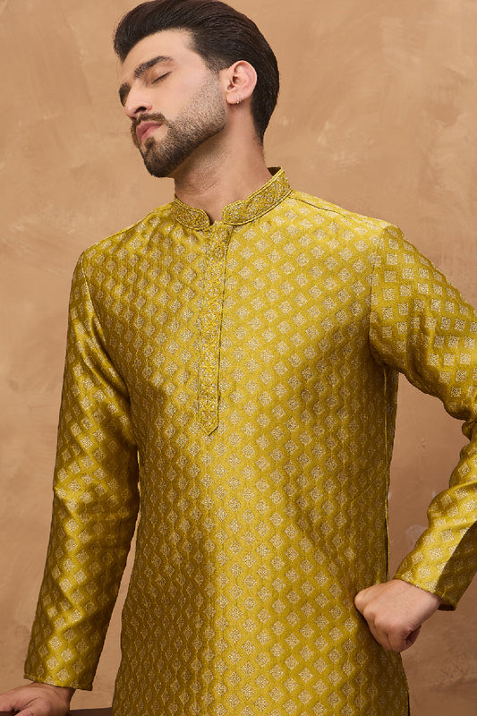 Yellow Silk Blend Solid Woven Design Straight Kurta With Pant Set MKSET1459