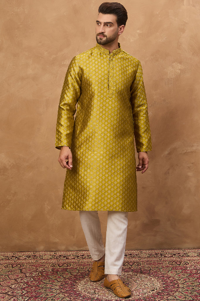 Yellow Silk Blend Solid Woven Design Straight Kurta With Pant Set MKSET1459