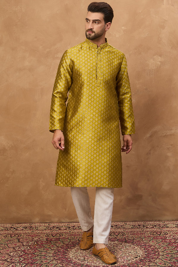 Yellow Silk Blend Solid Woven Design Straight Kurta With Pant Set MKSET1459