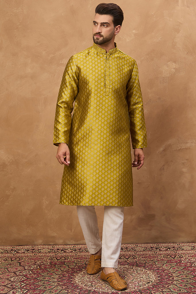 Yellow Silk Blend Solid Woven Design Straight Kurta MKU1459