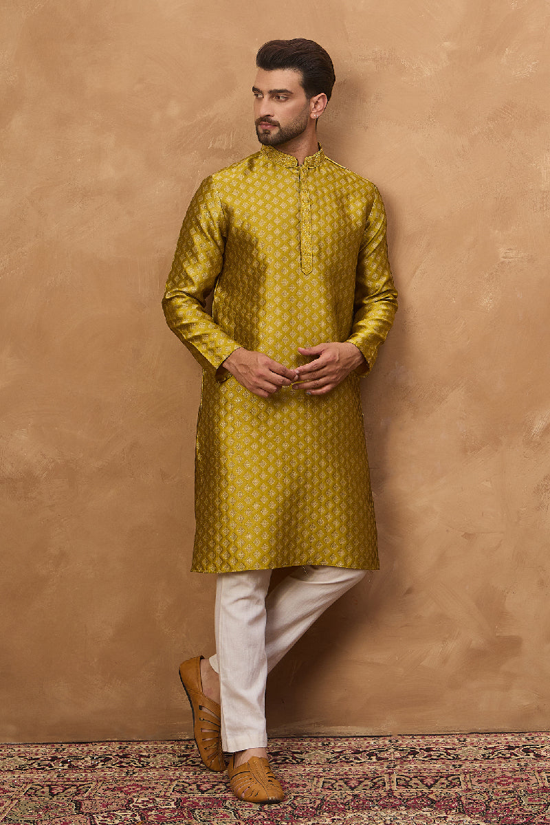 Yellow Silk Blend Solid Woven Design Straight Kurta With Pant Set MKSET1459