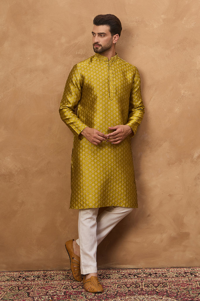 Yellow Silk Blend Solid Woven Design Straight Kurta With Pant Set MKSET1459
