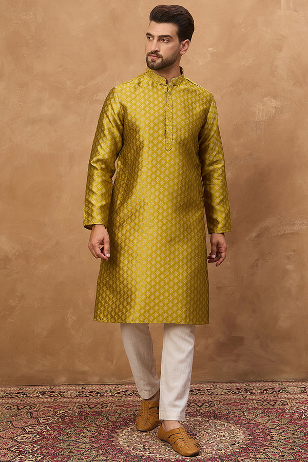 Yellow Silk Blend Solid Woven Design Straight Kurta MKU1459