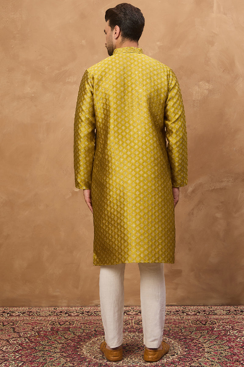 Yellow Silk Blend Solid Woven Design Straight Kurta With Pant Set MKSET1459